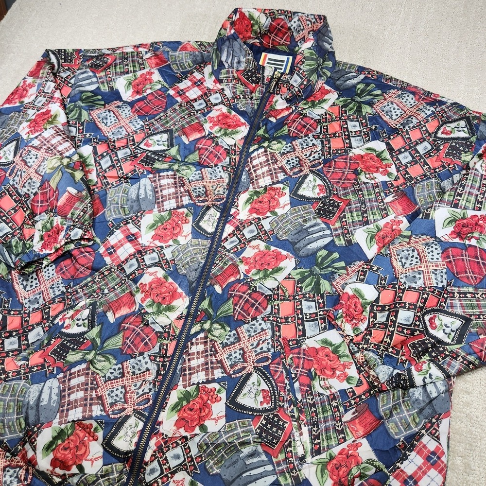 Vintage EVR Silk Jacket Women 2X Novelty‎ Print Full Zip Floral 90s